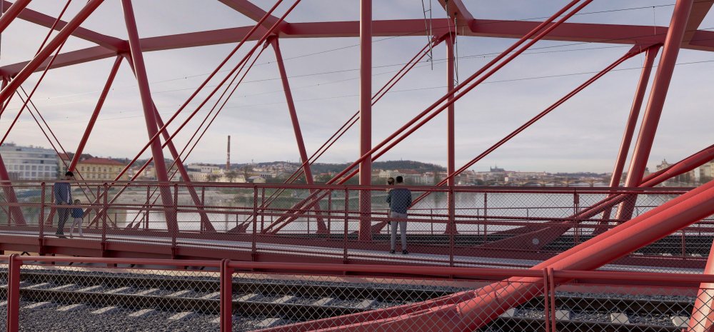 Červená barva navazuje na červenohnědý most se rzí a prosvítajícím antikorozním nátěrem.