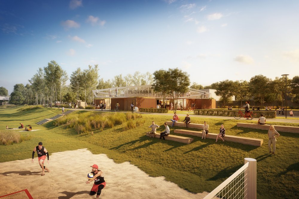 Pomyslné společenské centrum rekreační zóny se skládá z modulárních kontejnerů doplněných dřevěnými terasami a mlatovými plochami pro venkovní posezení. (na snímku vizualizace)