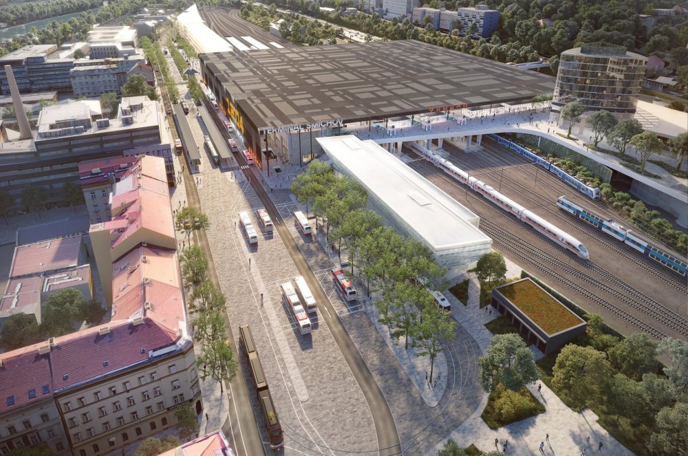 Příměstské a dálkové autobusy v současné době končí jízdu v ulici Na Knížecí a před nádražím Smíchov, návrh je přesouvá do nového terminálu nad nástupišti železniční stanice.