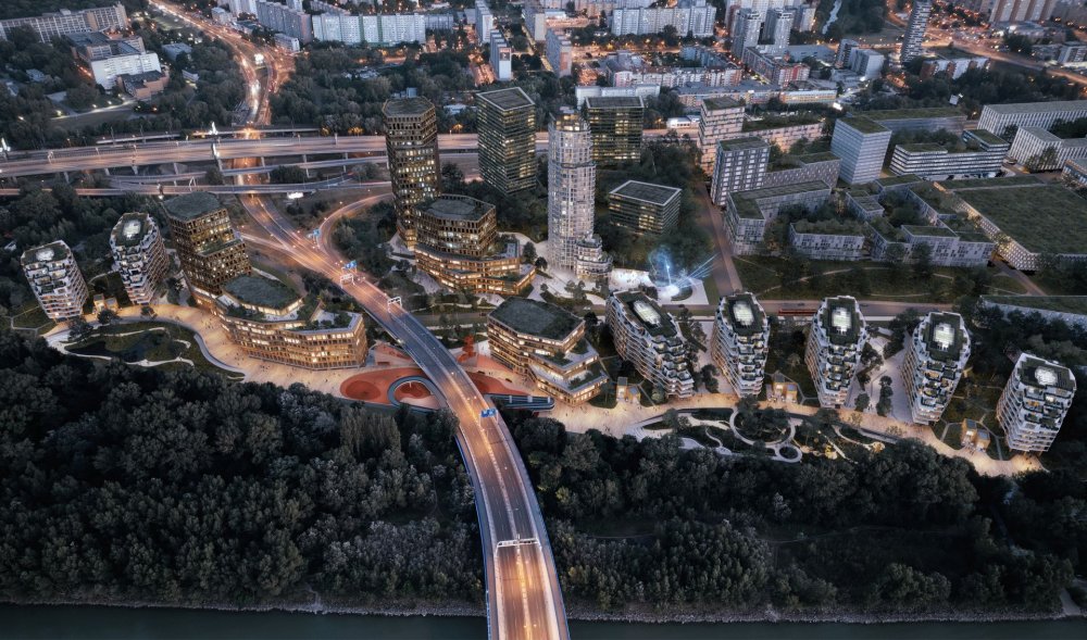 Southbank - soutěžní návrh pro novou výstavbu v Bratislavě. Developer Penta Real Estate.