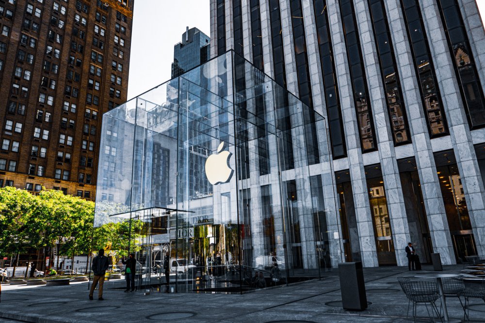 Apple je jedním z prvních obchodů, který na Páté Avenu leží na samé hranici Central Parku. Výlohu nemá, přesto je téměř neustále plný. A otevřeno má 24 hodin denně.