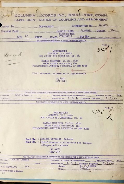 Průvodka se záznamem k první nahrávce na dlouhohrající vinylové LP desce, kterou se v roce 1948 stal záznam Mendelssohnova houslového koncertu e moll v podání New York Philharmonic Orchestra pod taktovkou Bruna Waltera a sólisty Nathana Milsteina.