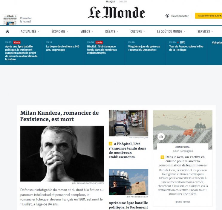 Le Monde věnoval úmrtí Milana Kundery hlavní článek celého webu