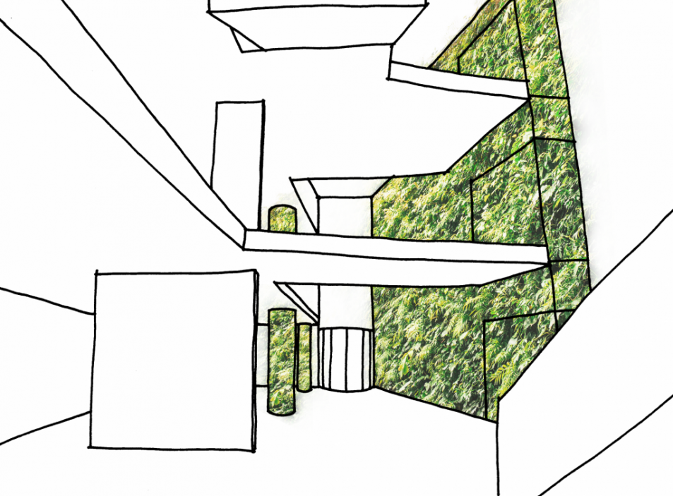 1. Další část úkolu, návrh vstupu a foyer, vyřešila trojice návrhem stěny pokrytou zelení. 