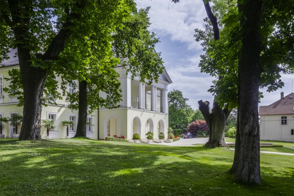 Zámecký park se vrostlými stromy, party zónou s koupacím jezírkem a samostatným domkem pro hosty.