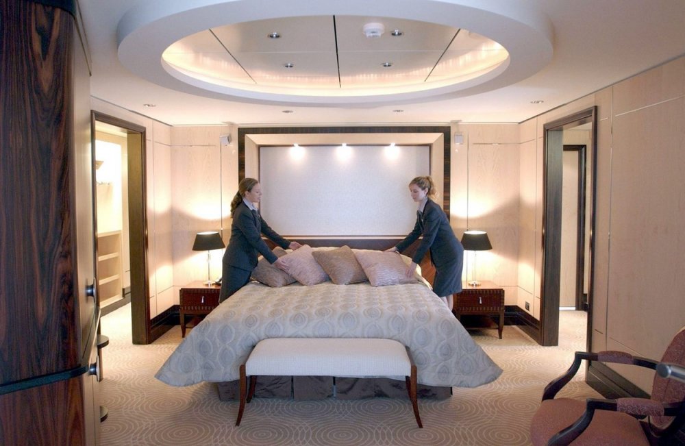 Interiér takzvaného „grand duplex" apartmá na palubě Queen Mary 2.