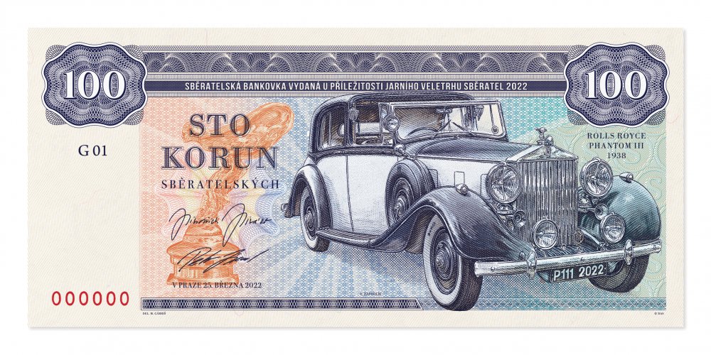 K mání bude další sběratelská bankovka ze série Zlatá sbírka Václava Zapadlíka, tentokrát s automobilem Rolls – Royce Phantom III z roku 1938. 
