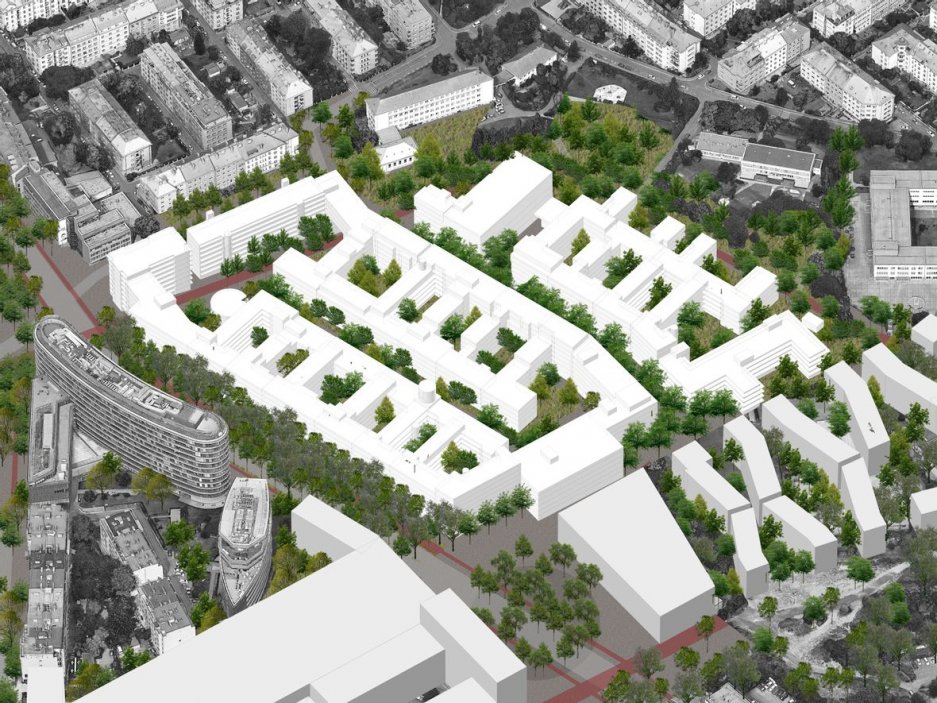 Dominik na Pankráci podél nové třídy 5. května proto navrhuje městský blok pro tři tisíce obyvatel.